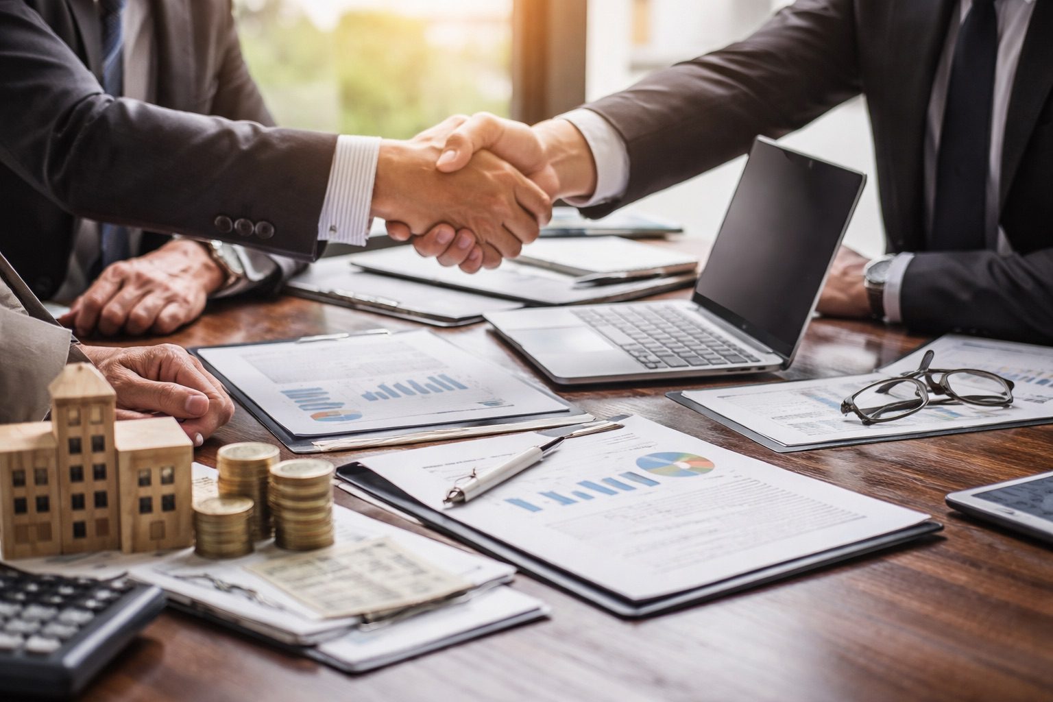 business-deal-structure-handshake Business brokers finalizing a company sale with financial documents and deal structure planning on table