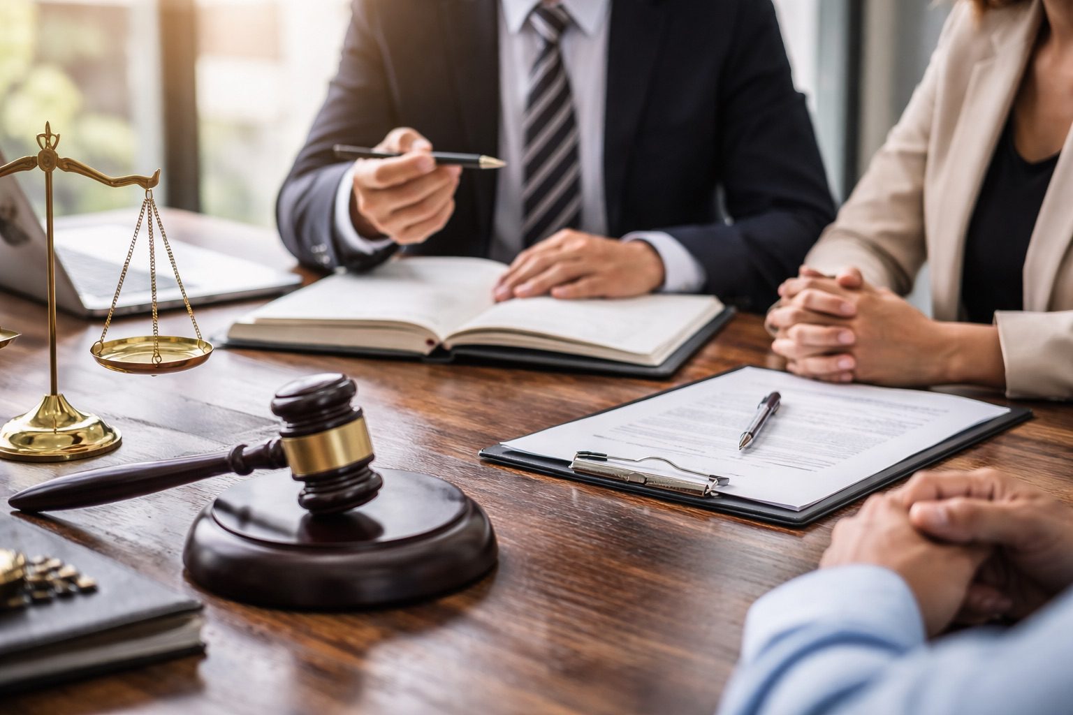 legal-counsel-exit-strategy-business-negotiation Business owner meeting with legal counsel to review contracts and exit strategy documents during negotiations