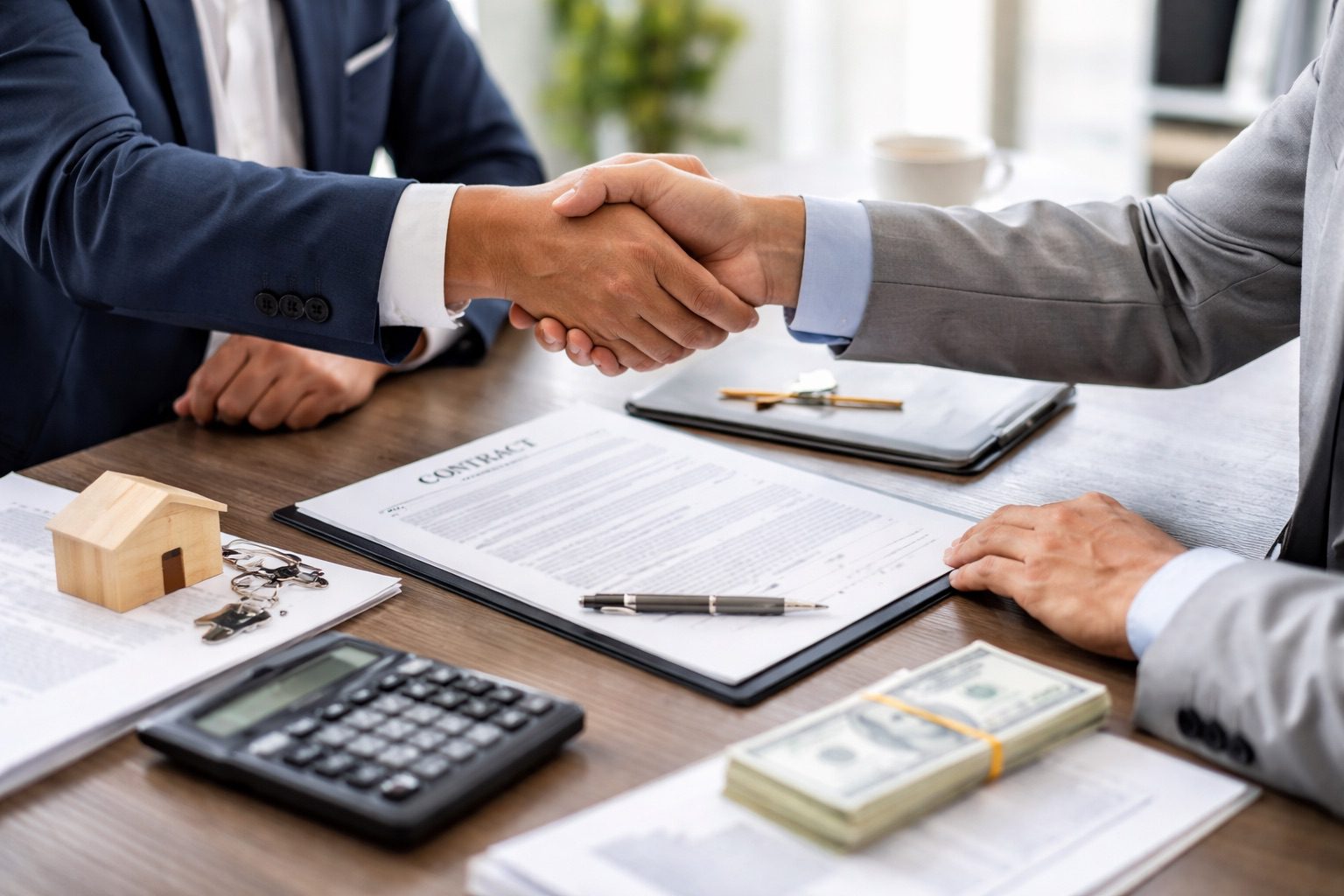Business owner and buyer reviewing financial documents and signing a seller financing agreement during a small business sale