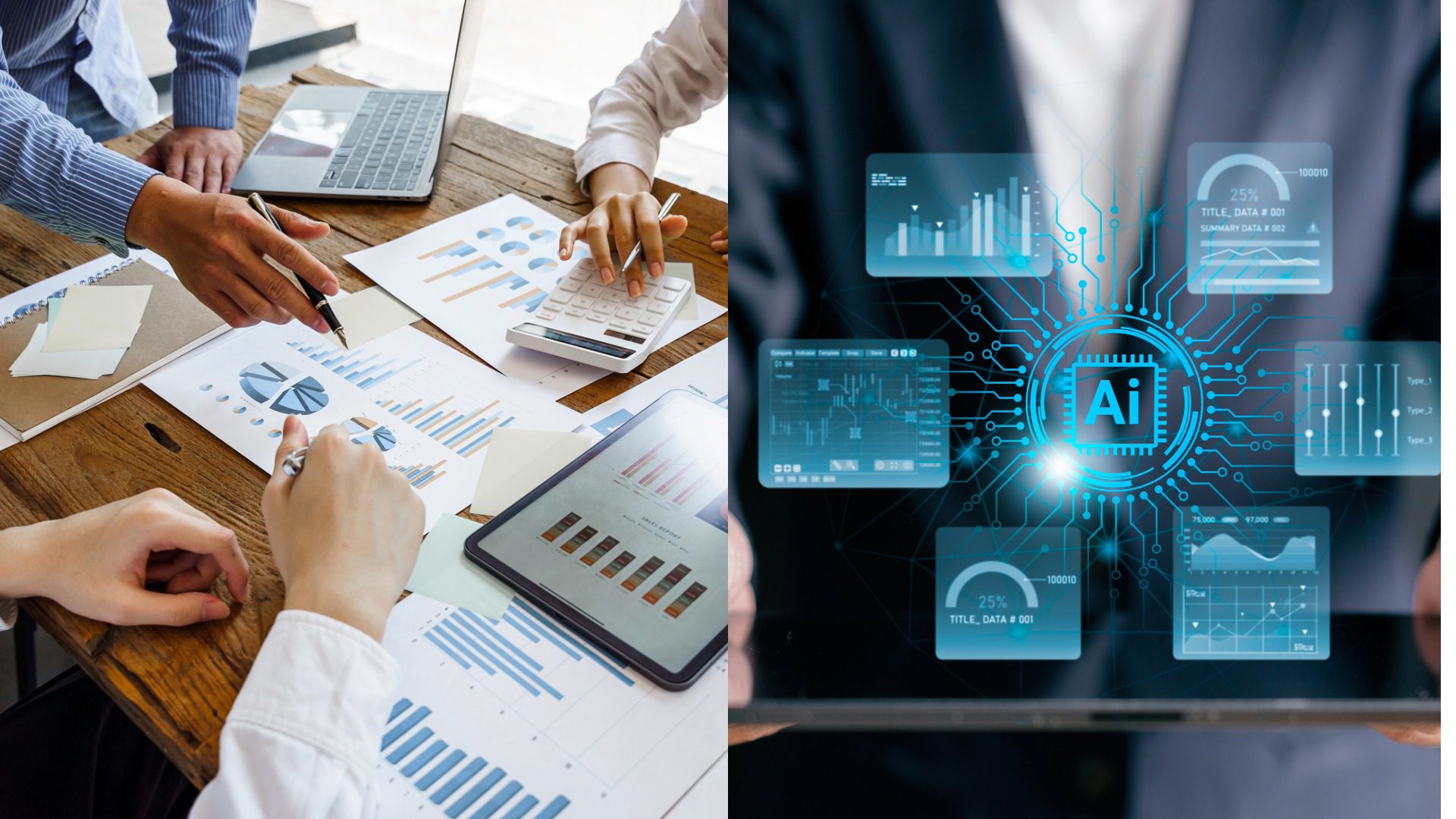 Experienced business broker reviewing financial documents alongside AI valuation data to determine accurate business value
