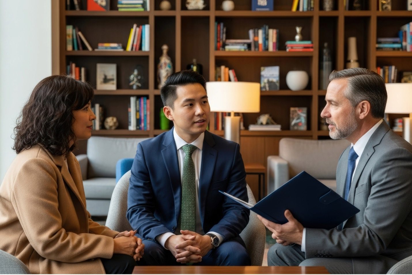 A professional meeting between a business owner and potential buyer, reviewing documents across a table with a thoughtful, evaluative tone—capturing decision-making and trust.