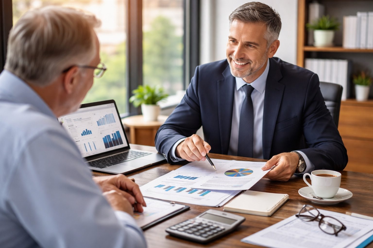 wealth-manager-business-exit-strategy Business owner meeting with a wealth manager to plan investments, taxes, and financial strategy during a business exit