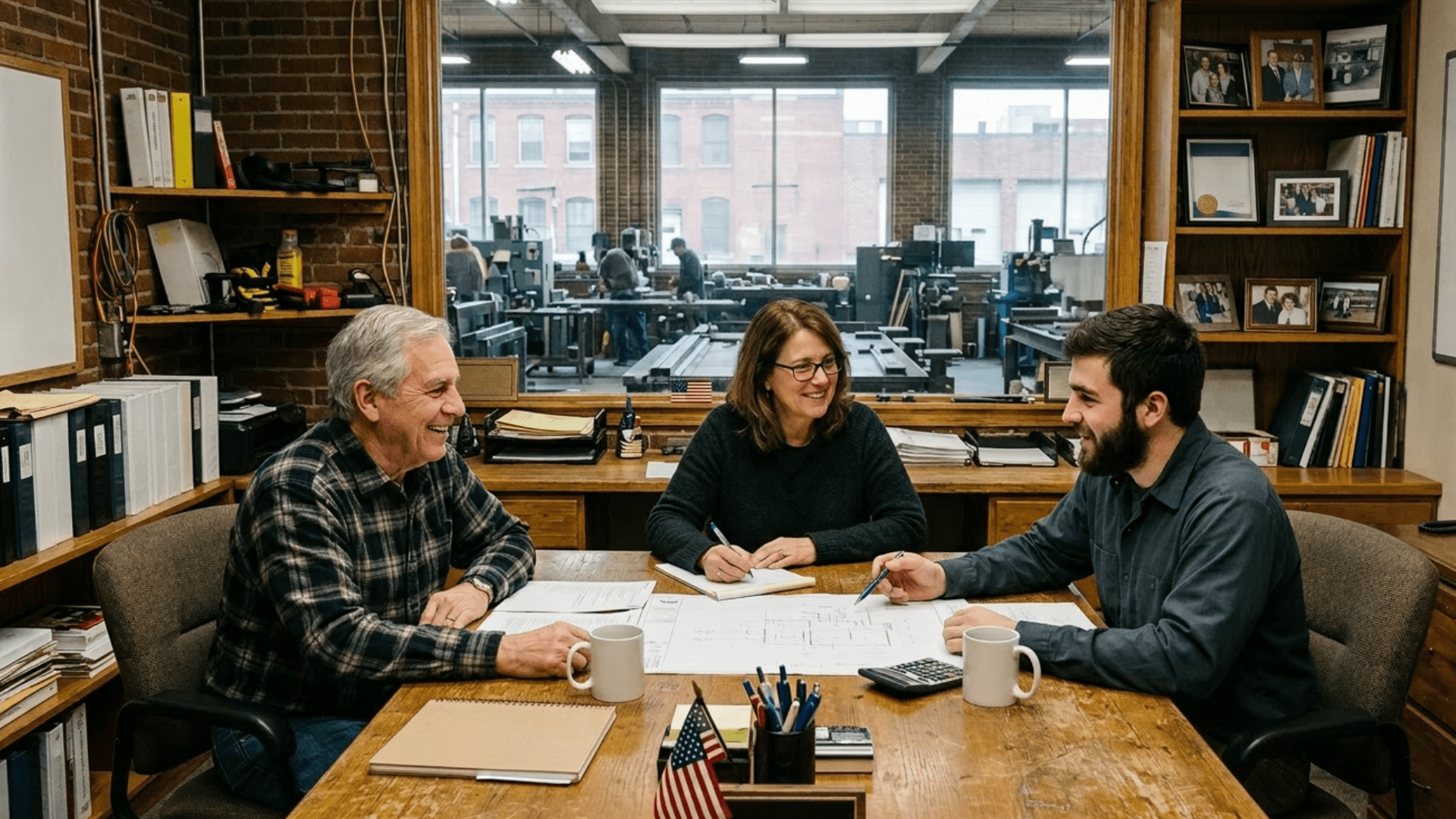 2026 Generational Business Multi-generational family business meeting in Worcester discussing succession planning and generational transfer with documents on table.