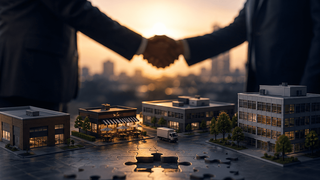 Business professionals finalizing a commercial real estate and business transaction with miniature property models and symbolic puzzle pieces representing coordinated deal strategy and business transition planning.