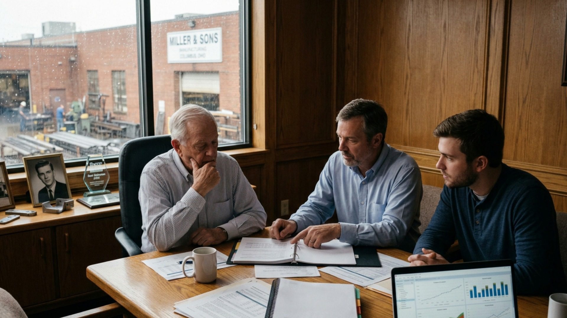 Multi-generational family members discussing the family business and finances.