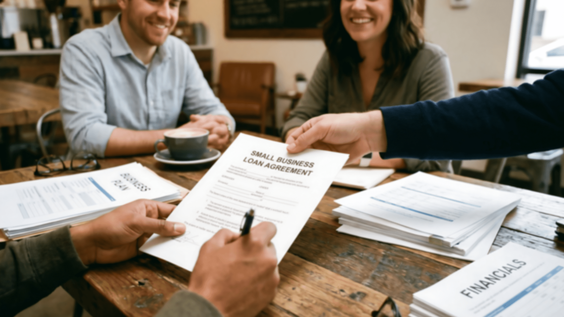 Business buyer reviewing SBA loan documents and acquisition financing options with advisors