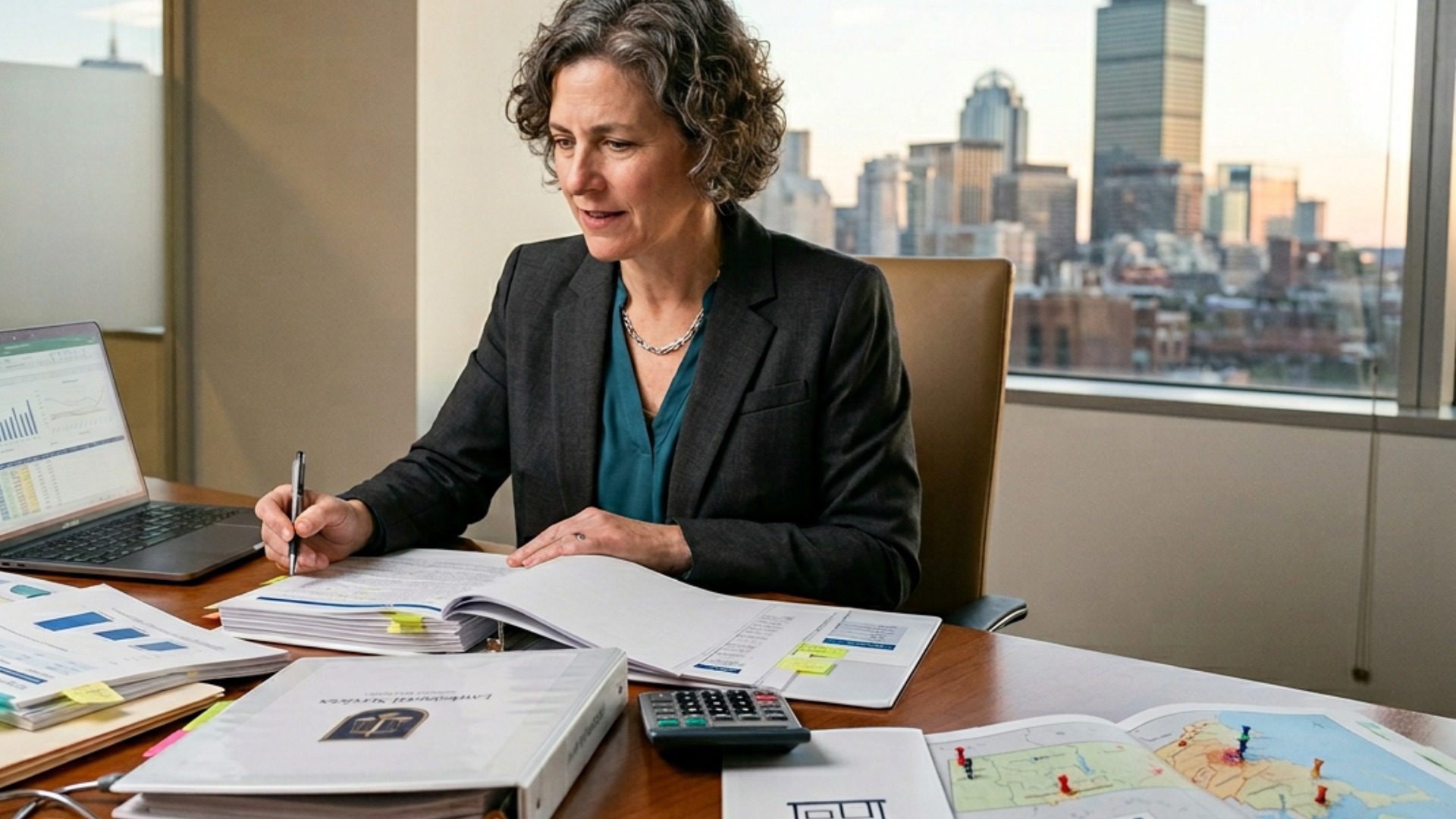 Business advisor reviewing acquisition opportunities for Massachusetts service businesses with financial documents and growth data