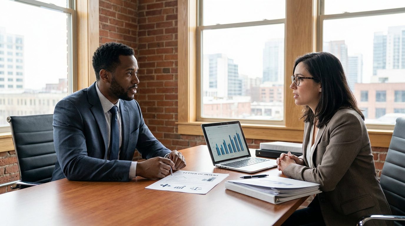 LOI Business owner reviewing a letter of intent for a sale